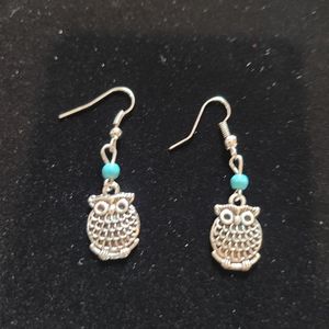 Silverplated OWL Round Turquoise Bead Hoop Dangle Drop Earrings Women Gift Girls